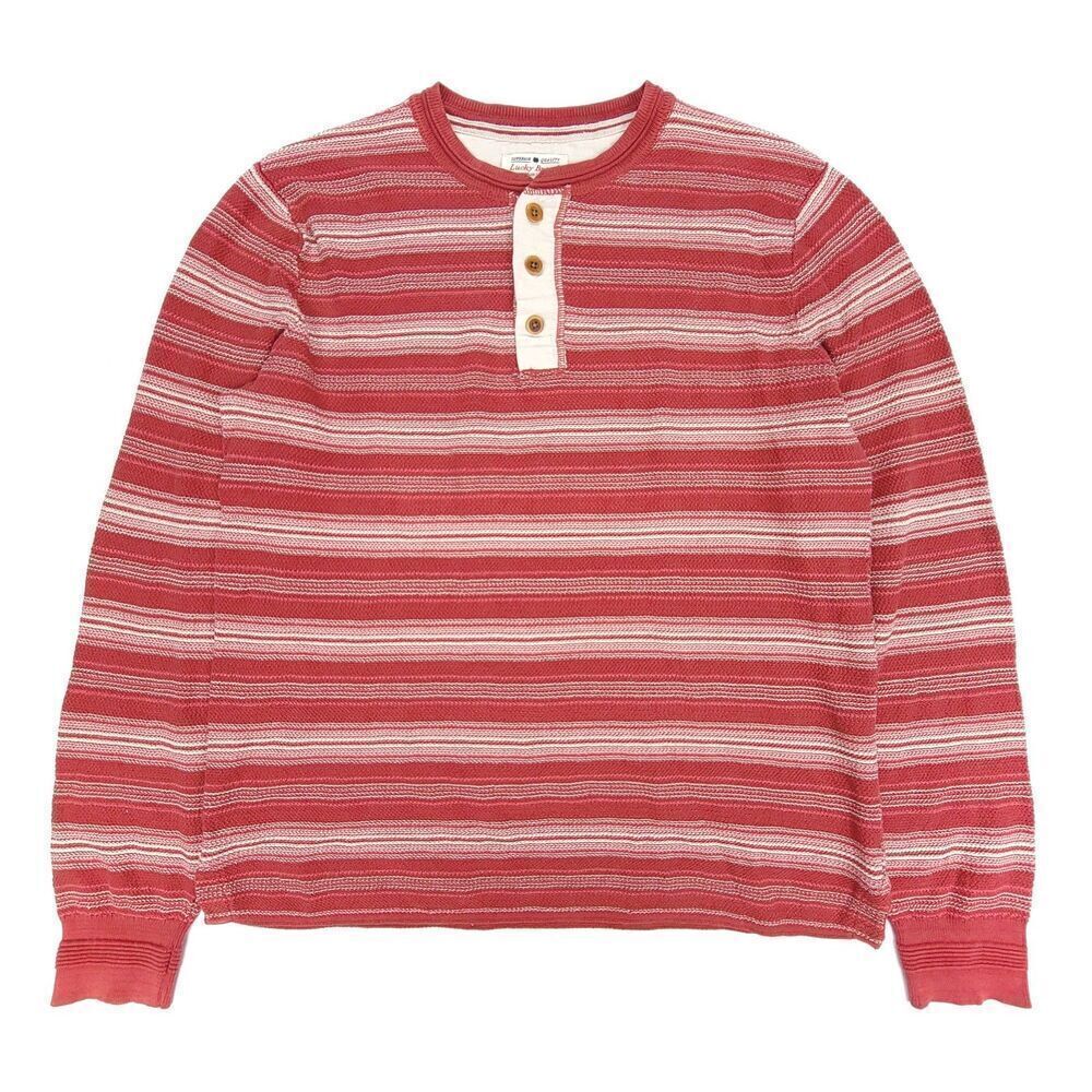 LUCKY BRAND 90s Handcrafted Knit Henley Sweater Mens Large Red Vintage‎ Stripe - Picture 5 of 9
